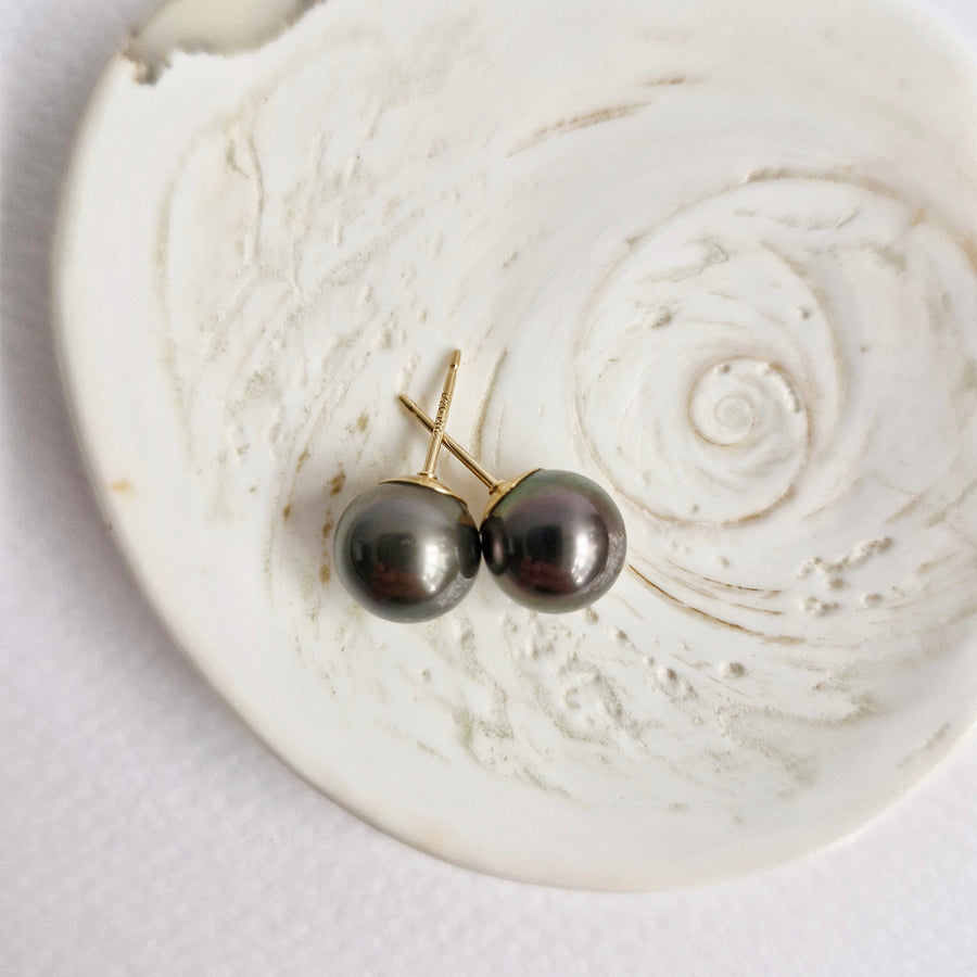 Tahitian Pearl Earstuds #22 (Dark Grey/Purple Overtone) / 14k Gold-filled