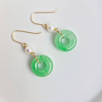 Green Jade Donut w/Freshwater Pearl Earrings  | 14k Gold-filled