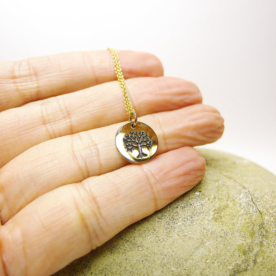 Round Disc with Etched Tree Necklace - Natural Bronze/925Silver